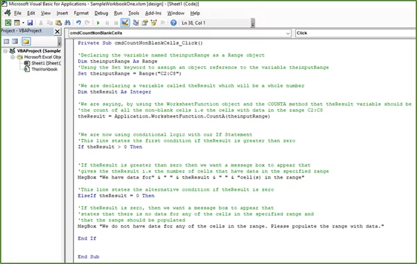 Screenshot showing the code for the more complex Excel COUNTA in VBA example.