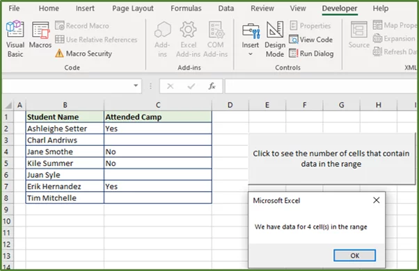 Screenshot showing the Message Box that appears when there is data in the specified range.