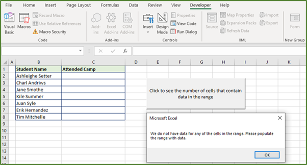 Screenshot showing the Message Box that appears when there is no data in the cell range.