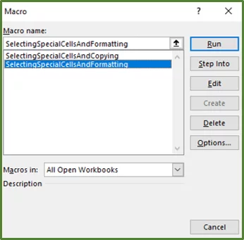 Screenshot showing the Macro Dialog box with the Macro of interest selected