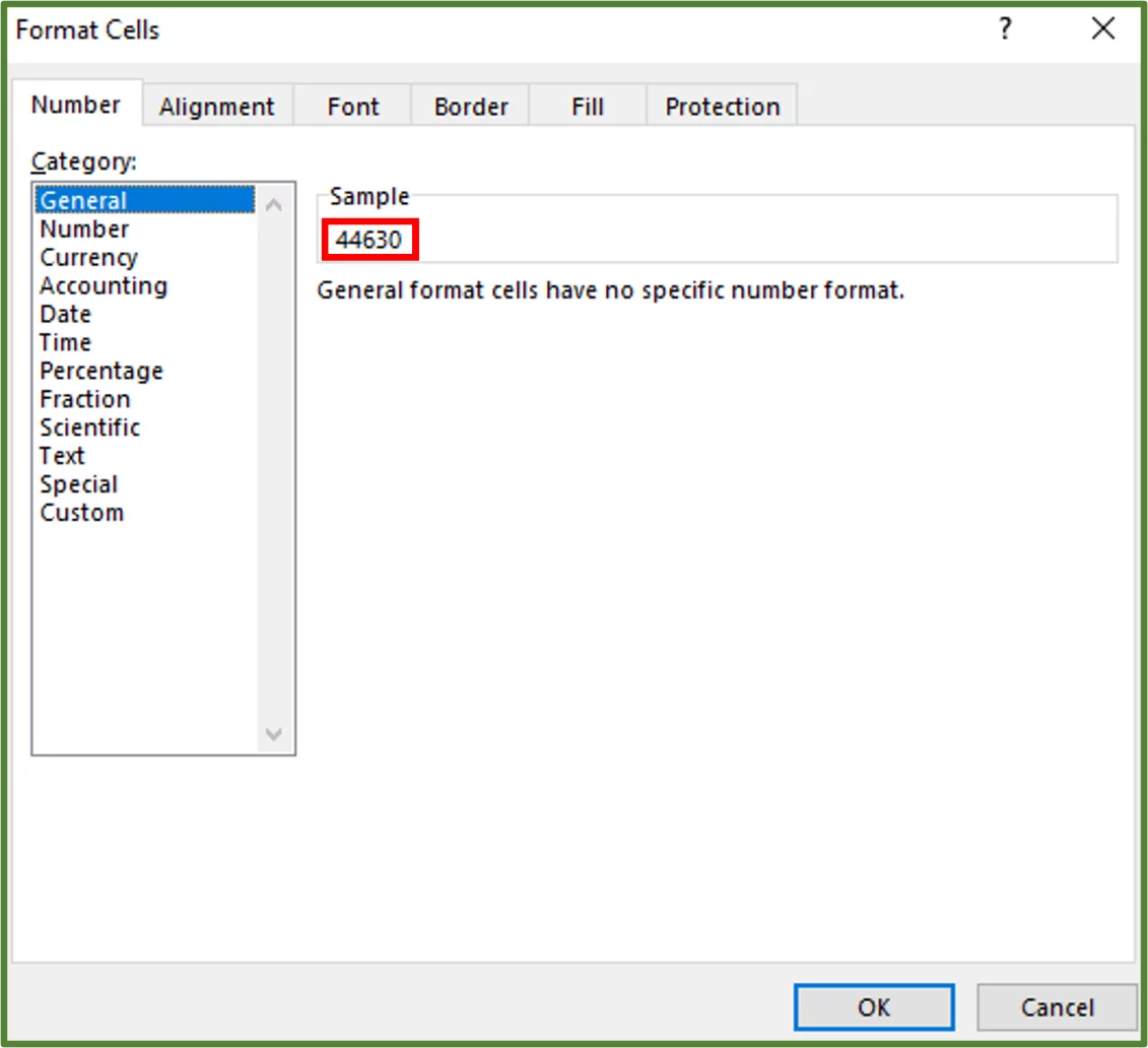 Screenshot showing the Format Cells Dialog Box with the General format number highlighted.