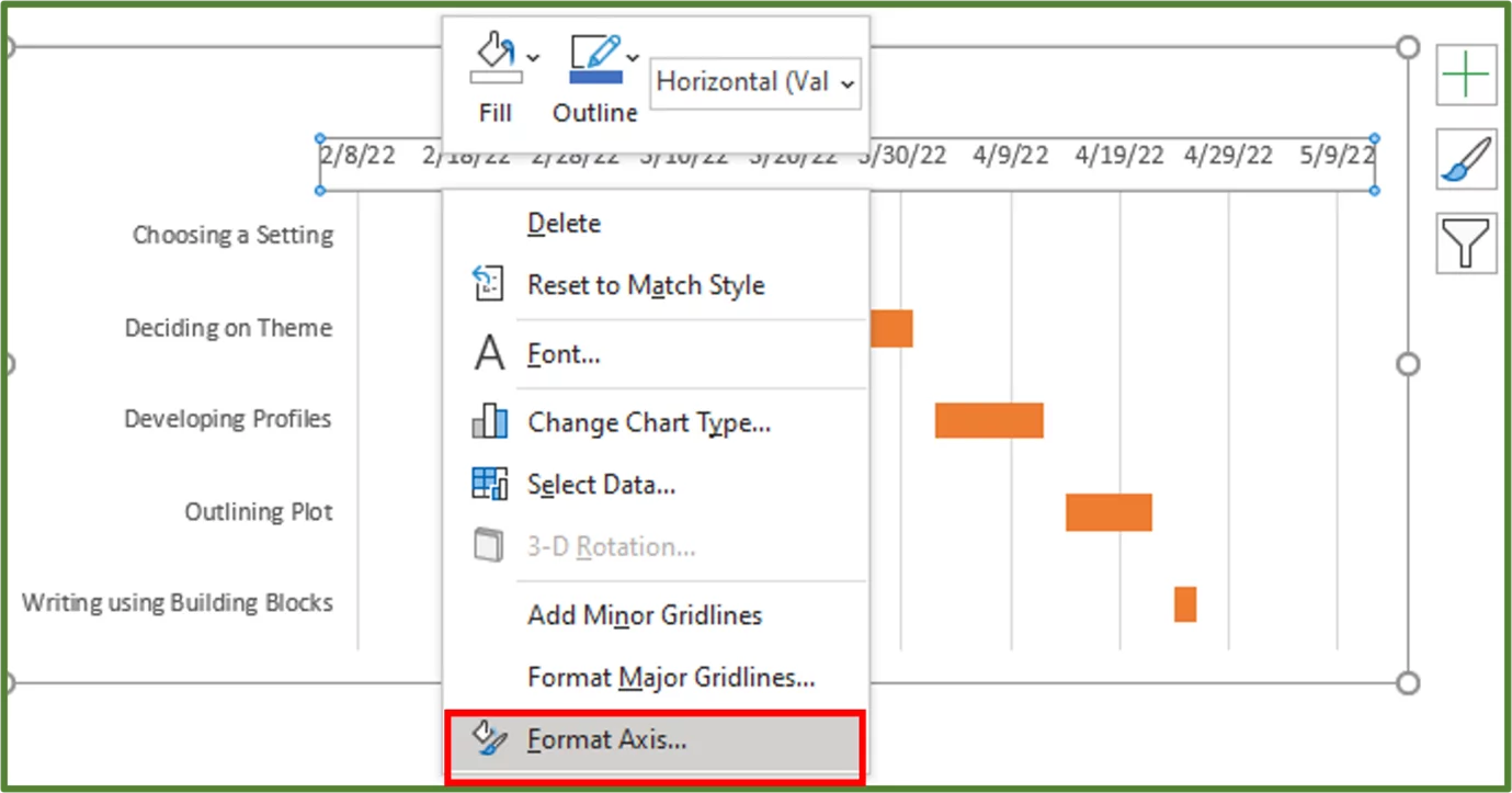 Screenshot showing Format Axis... highlighted.