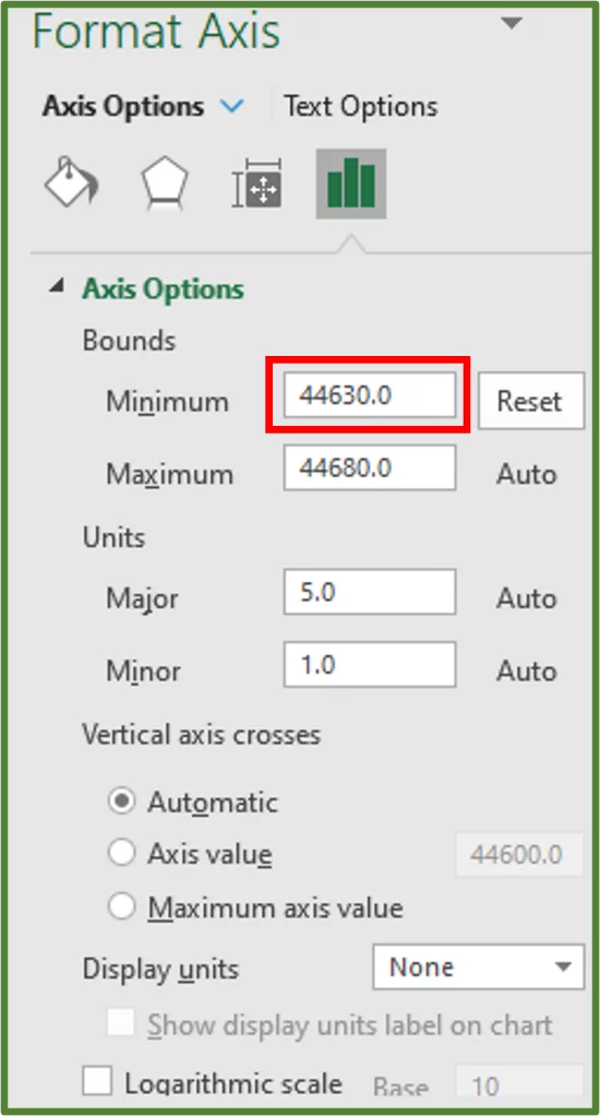 Screenshot showing the Minimum Bound option highlighted and changed to the new value.