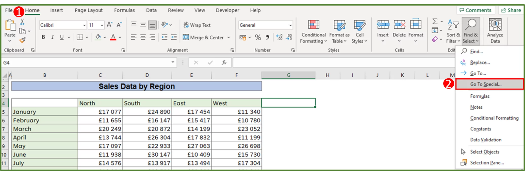 Screenshot showing the Go to Special...option highlighted