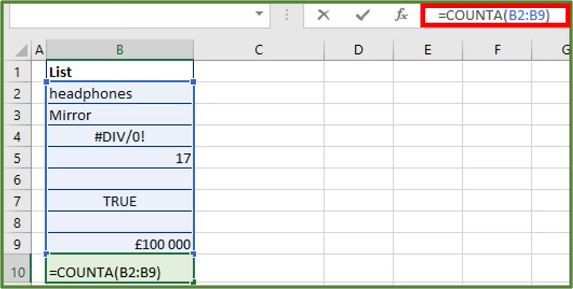 Screenshot showing the COUNTA function entered into cell B10.