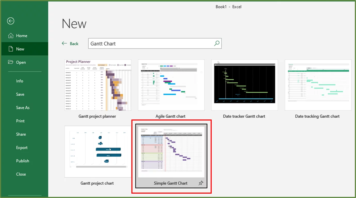 Screenshot showing the Simple Gantt Chart template selected and highlighted.