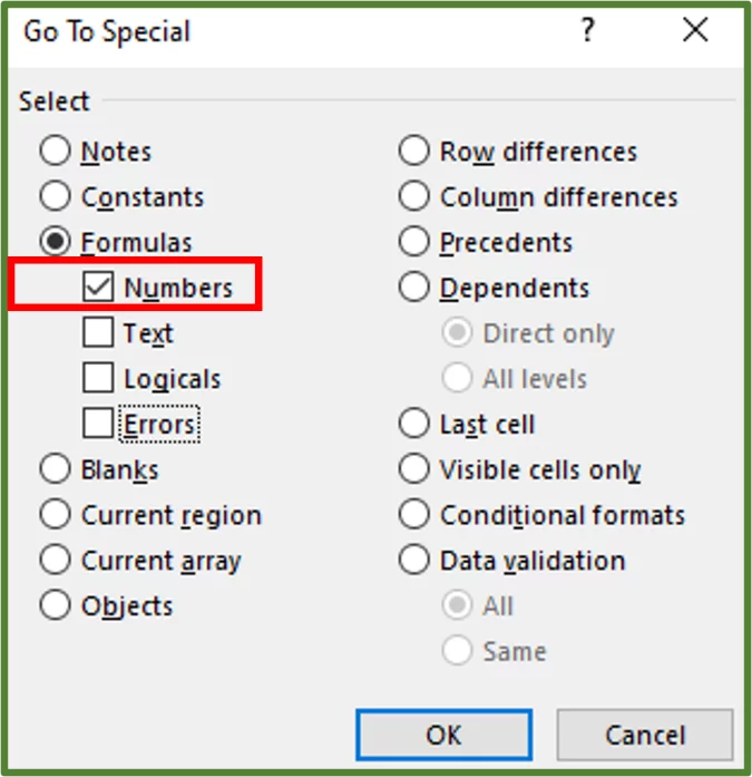 Screenshot showing the Formulas option checked and only Numbers highlighted