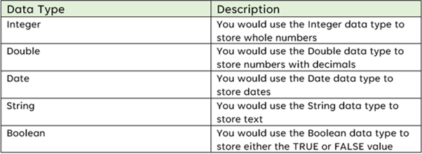 Screenshot showing a table with the common data types