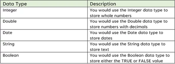 Screenshot showing a table with the common data types