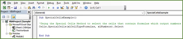 Screenshot showing the Special Cells method in VBA that is used to select formulas which output numbers.
