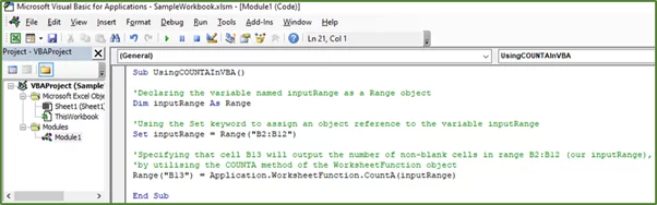 Screenshot showing the code, for the simple Excel COUNTA in VBA, example.