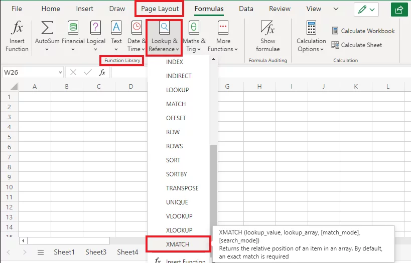 Accessing the XMATCH function from the Excel’s Function Library