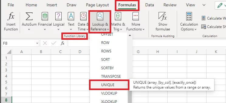 Accessing the UNIQUE function from the Functions Library