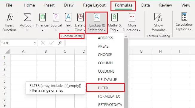 Accessing the FILTER function from Excel’s function library