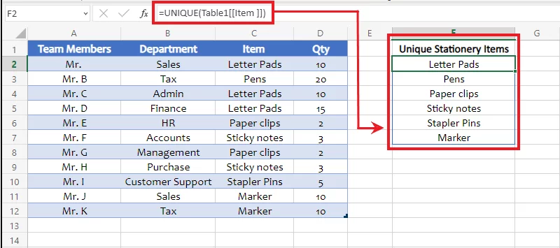 Excel filters out a list of unique items through the UNIQUE function