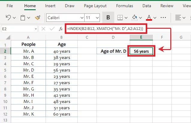 Excel INDEX function returns the age of Mr. D from the source data
