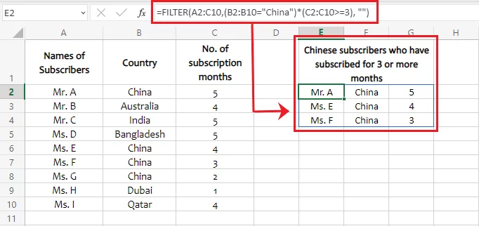 Excel filters out subscribers from China who have subscribed for 3 months or more