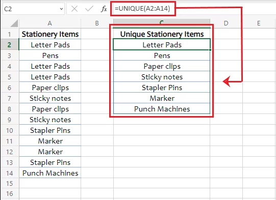 Unique stationery items extracted by Excel in a column