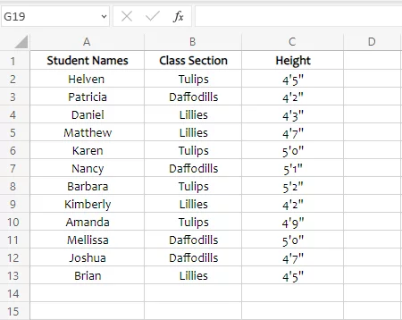 Data of students from different sections