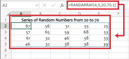 Series of 20 random numbers from 20 to 70