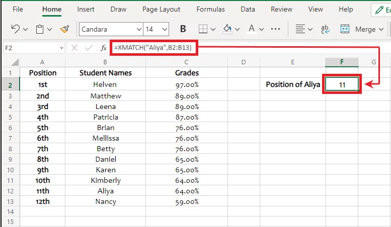 Excel identifies the relative position of Aliya using the XMTACH function