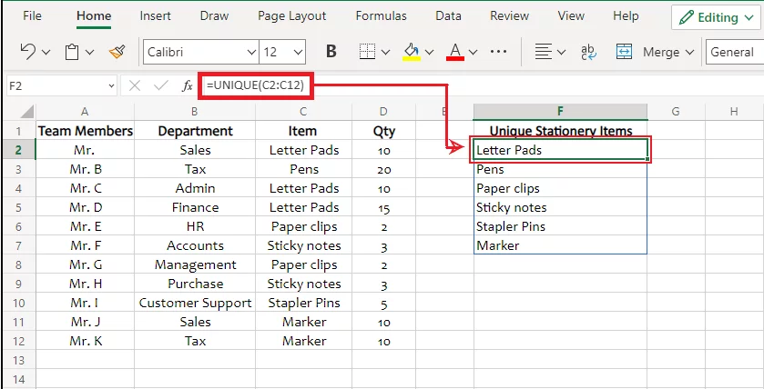 Excel filters out a list of unique items