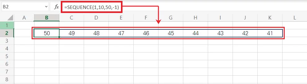 Excel creates an array of descending sequential values