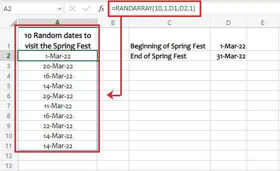 10 random dates between the beginning and ending date of the Spring fest