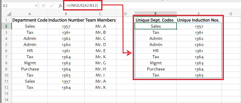 Excel filters out unique values from both the columns