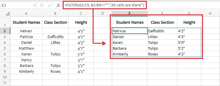 Excel filters out only those students whose section is mentioned in the adjacent column