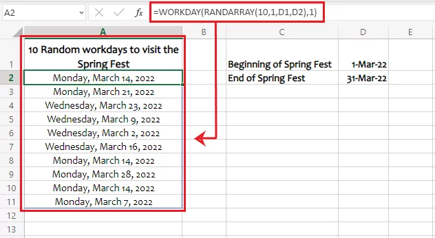 Excel generates 10 random workdays between 01 March and 31 March