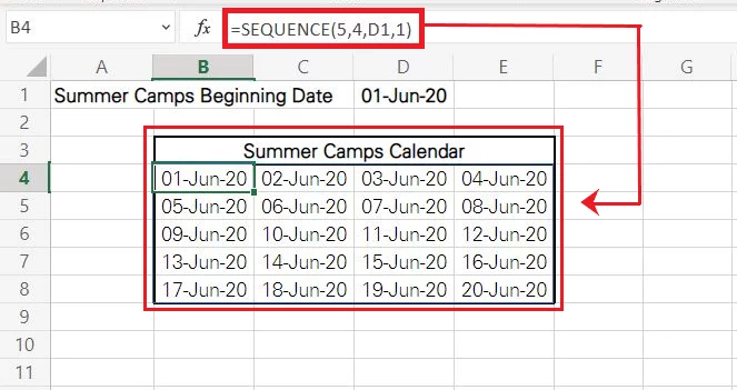 Excel generates a series of sequential dates starting from 01 June 2020