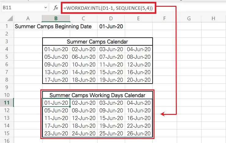 Excel generates a series of twenty workday dates starting from 01 June 2022
