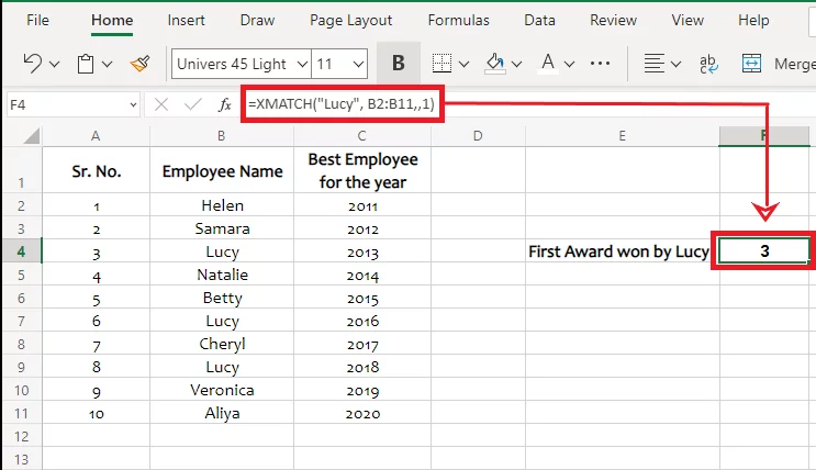 Excel returns the first rank of Lucy from the data
