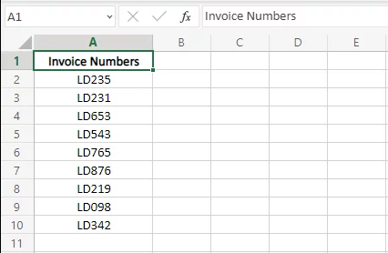 Data of purchase invoice numbers