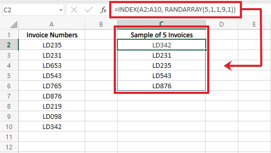 Excel draws a sample of 5 invoices from the given population