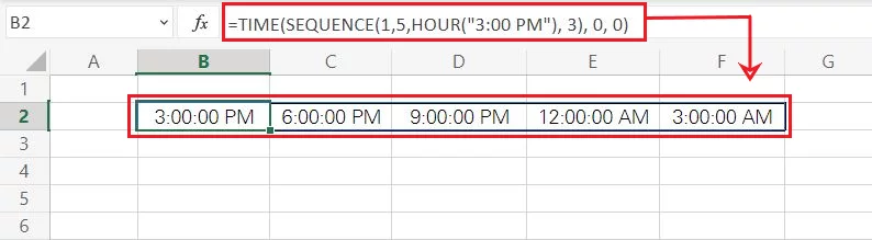 Excel generates 5 times starting from 3 pm with an interval of 3 hours