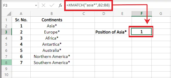 Excel finds out the relative position of ‘Asia*’ from the source data