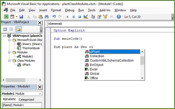 Screenshot showing VBA Intellisense showing the new class.