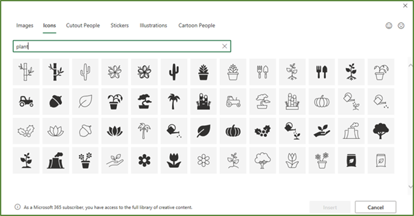 Screenshot showing all the icons related to the plant search term.