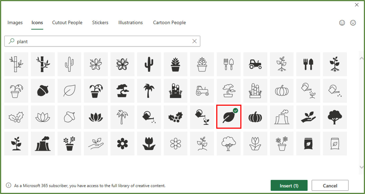 Screenshot showing the filled leaf icon highlighted.