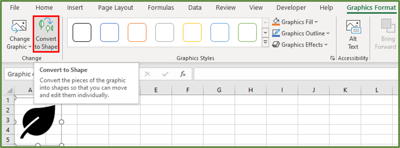 Screenshot showing the Convert to Shape option in the Change Group, on the Graphics Format Tab highlighted.