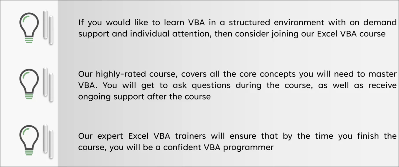 Screenshot detailing all the reasons to join the Acuity Training VBA course.