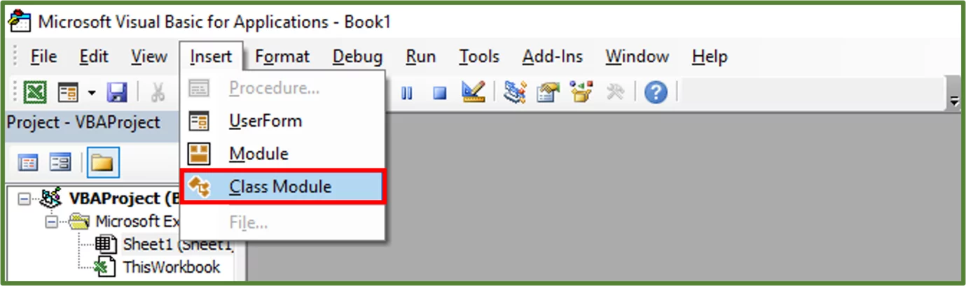 Screenshot showing the Class Module option on the Insert Tab.