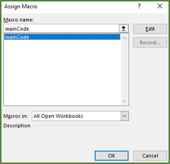 Screenshot showing the mainCode macro selected.