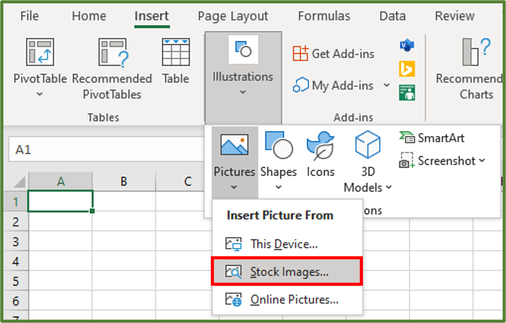 Screenshot showing the Stock Images... option highlighted.