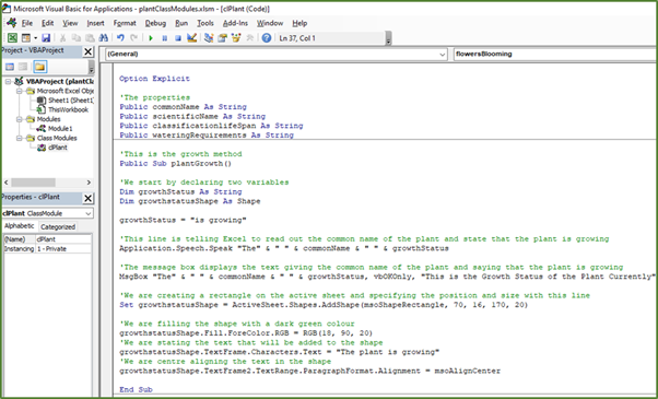 Screenshot showing the first portion of the code in the Class Module.