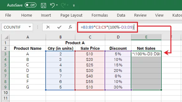 Desired range selected and formula entered