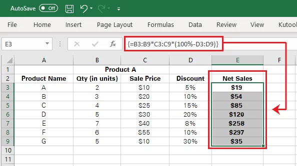 Excel computes the net sales against each product