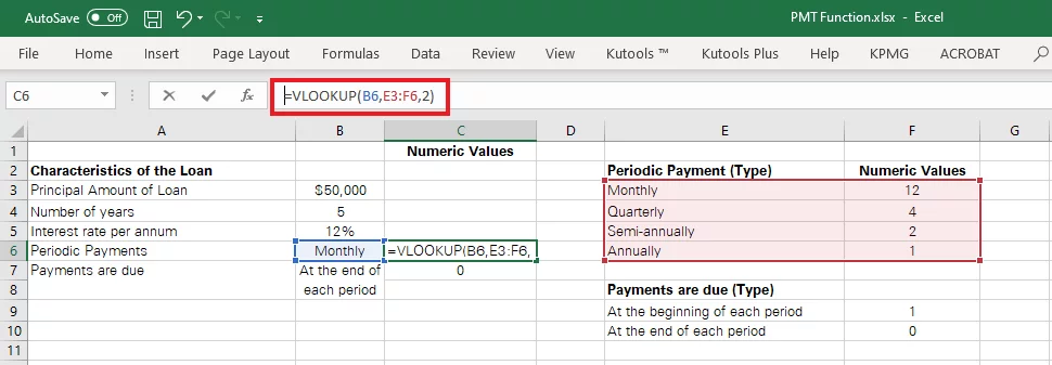 Setting up the VLOOKUP Formula for Periodic Payments